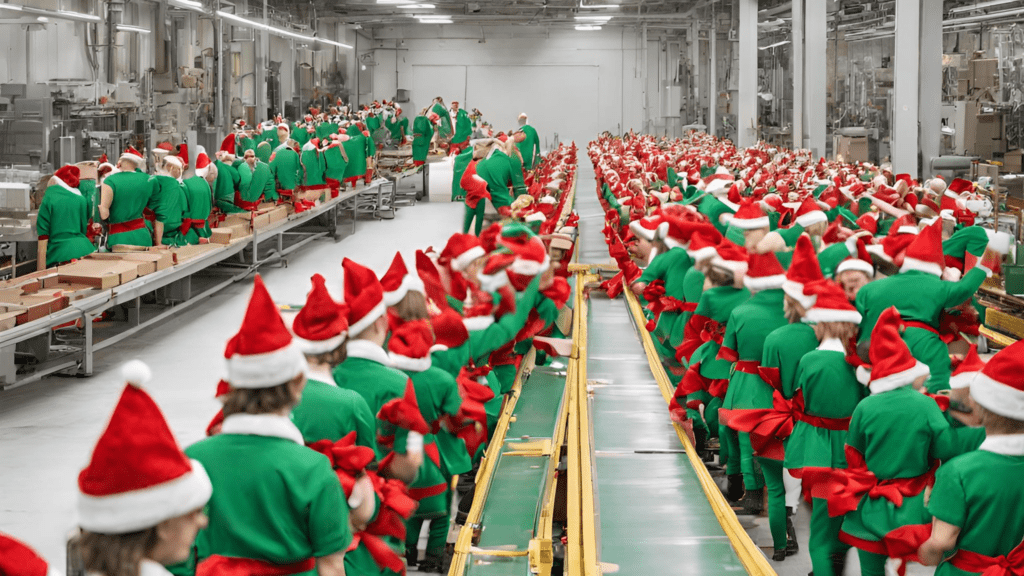 Image depicting a group of industrious workers, reminiscent of festive elves, diligently operating within a bustling factory setting, symbolizing the efficiency and support provided by staffing agencies during the holiday hiring rush.