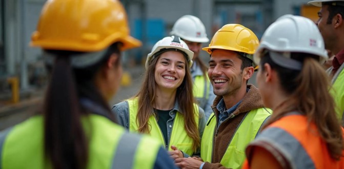 Warehouse team talking and smiling